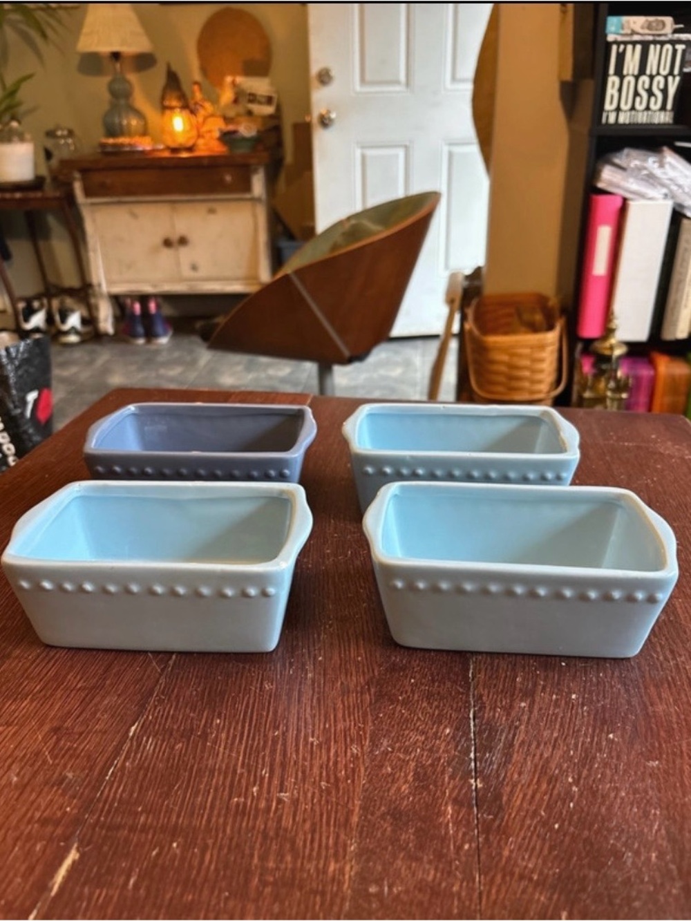 Source Unknown Light Blue Rectangular Stoneware Ramekins Set of 4